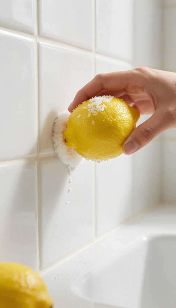 Hand scrubbing ceramic tile with lemon and salt in a bright bathroom