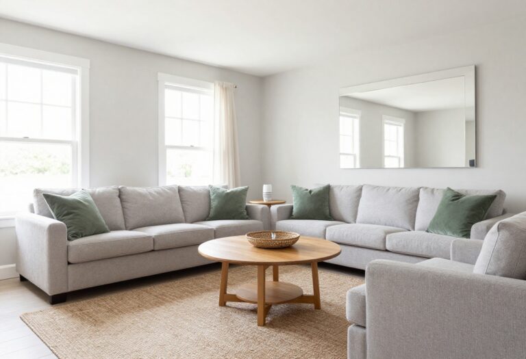 Small living dining room with open layout, light gray sofa, round dining table, and natural light from windows