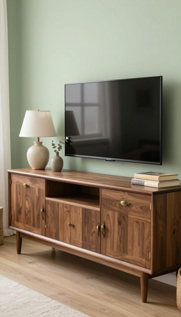 Vintage sideboard used as TV console in small living room with warm wood tones and sage green wall