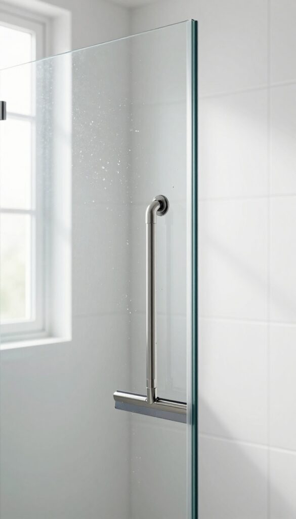 Squeegee hanging on a hook inside a glass shower, ready to wipe down after each shower to prevent water spots and soap scum.