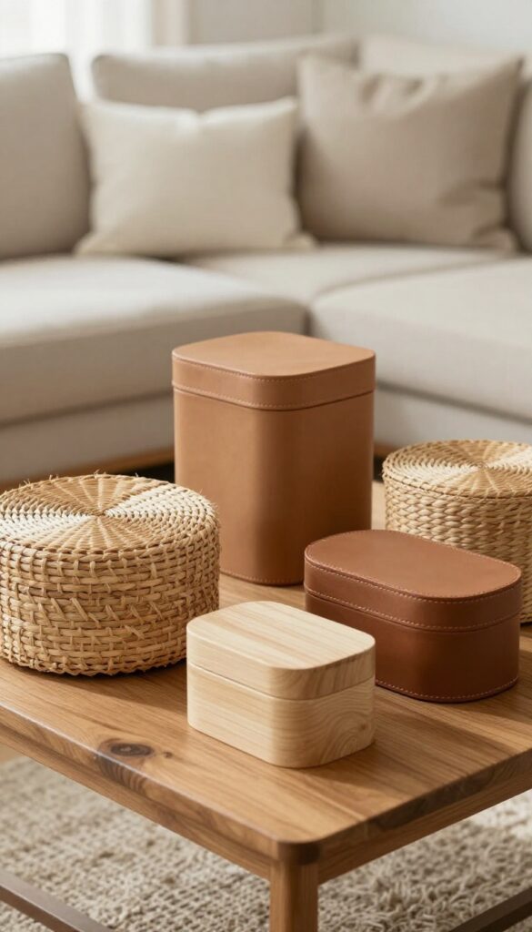 A curated collection of decorative boxes on a coffee table in a cozy living room