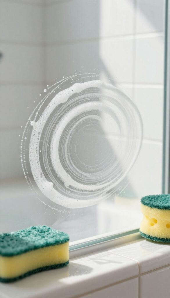 Borax paste applied to soap scum on a glass shower door
