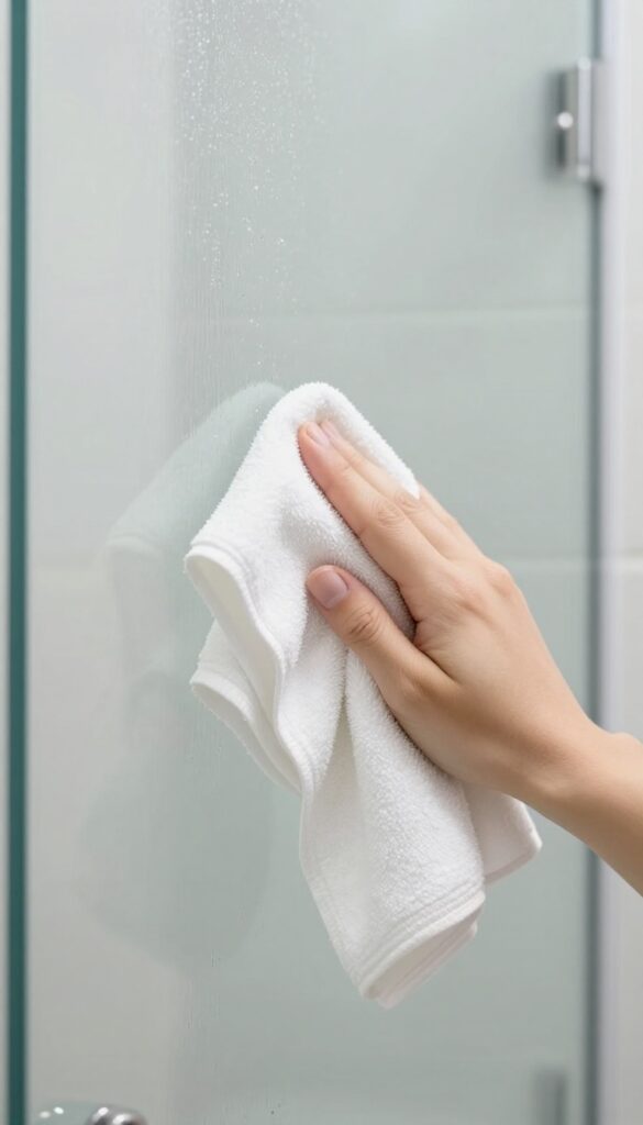 Hand buffing a glass shower door with a microfiber cloth for a streak-free shine.