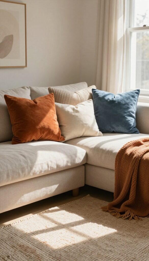 Cozy living room with layered throw pillows in coordinating accent colors on a neutral sofa, warm natural light.
