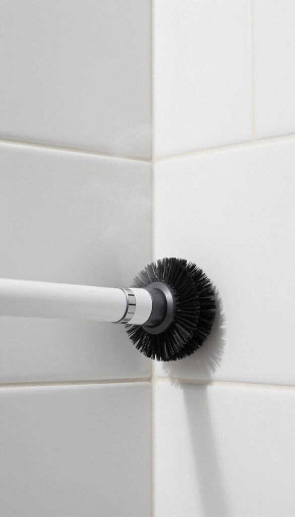 Handheld steam cleaner cleaning grout lines on white tile shower walls