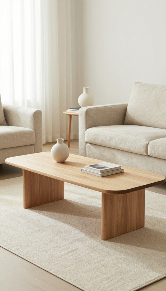 Modern cottage living room with a clean-lined light oak coffee table on a soft rug, natural light, airy and relaxed atmosphere.