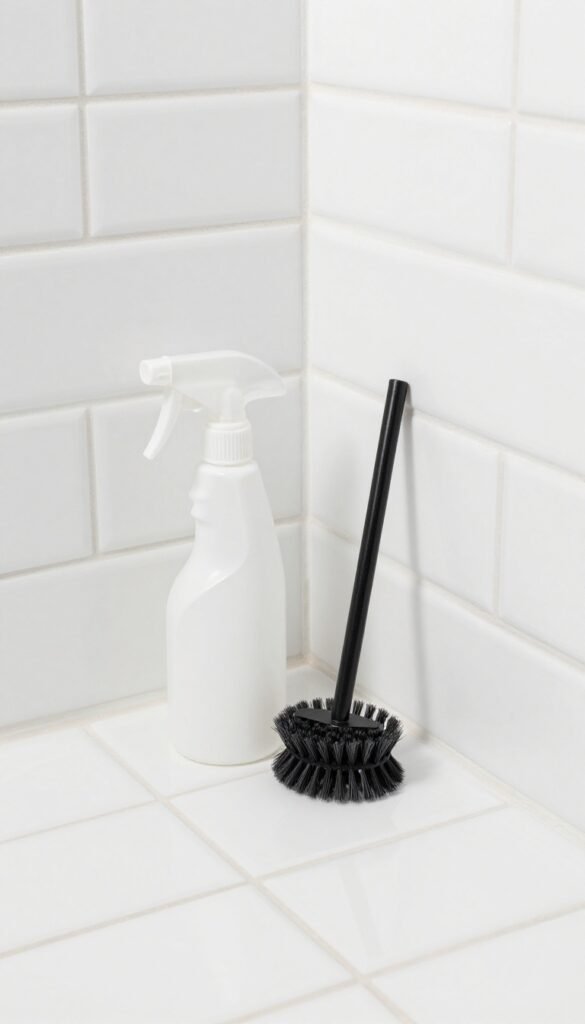 Clean shower grout with cleaning tools on tile floor