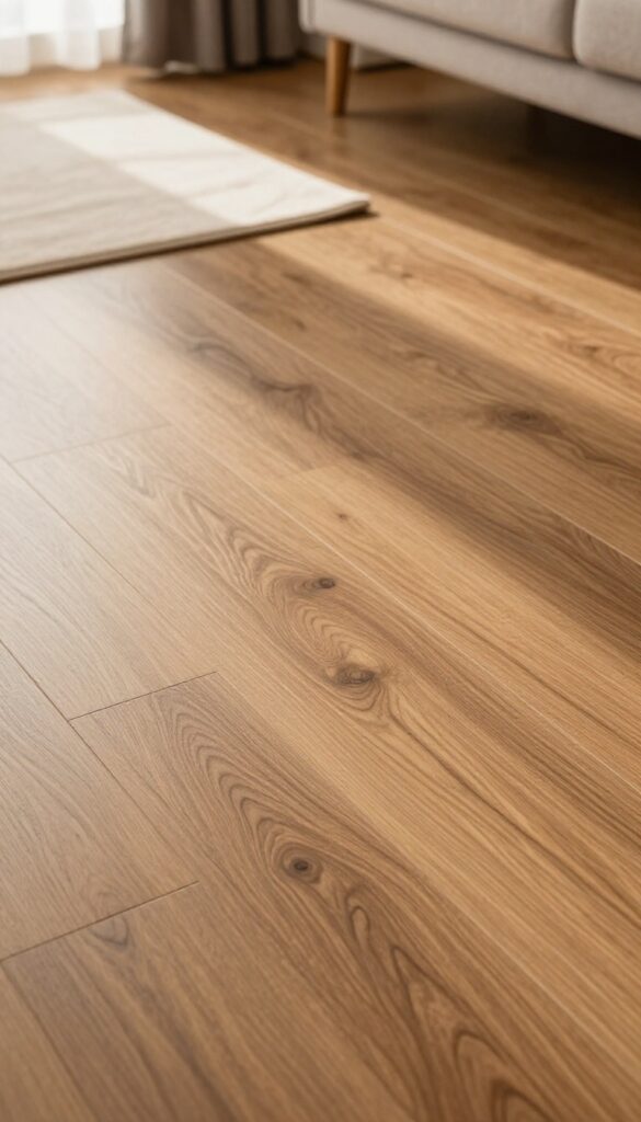 Close-up of luxury vinyl plank flooring in warm walnut tone with realistic wood grain and matte finish, partially covered by a soft area rug, natural sunlight, cozy living room ambiance.