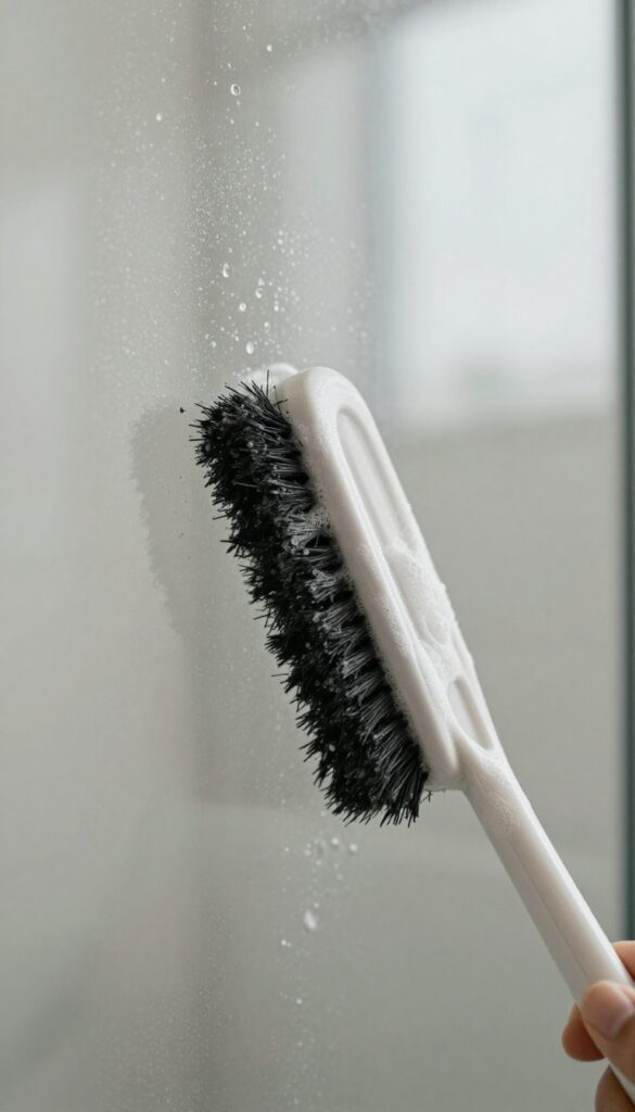 A person scrubbing the bottom track of a shower glass door with a small brush to remove grime and soap scum.