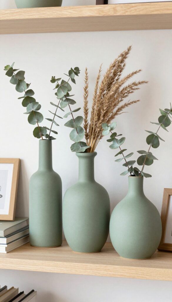 Sage green ceramic vases on a shelf with dried eucalyptus and pampas grass, styled with books and a framed print.
