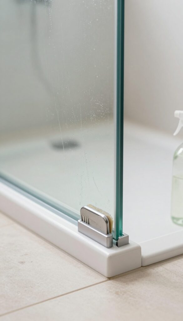 Cleaning shower door tracks with a toothbrush and vinegar solution, focusing on grime removal in the frame and track.