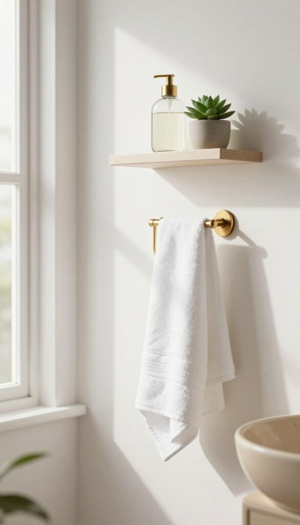 Wall-mounted basin with towel ring and small shelf in bright living room