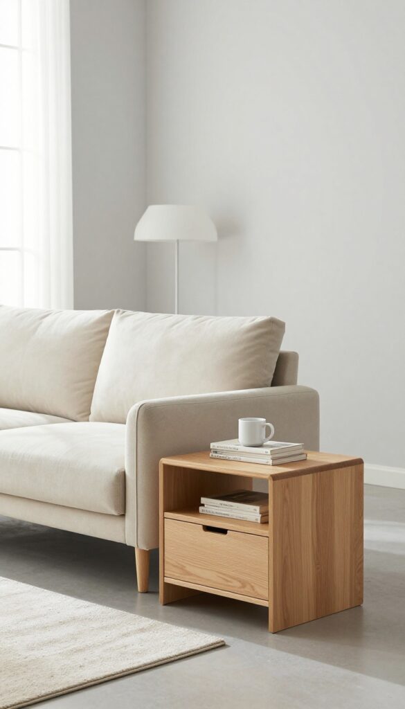 Elegant beige sofa with attached side table holding a coffee mug and books, in a bright minimalist living room