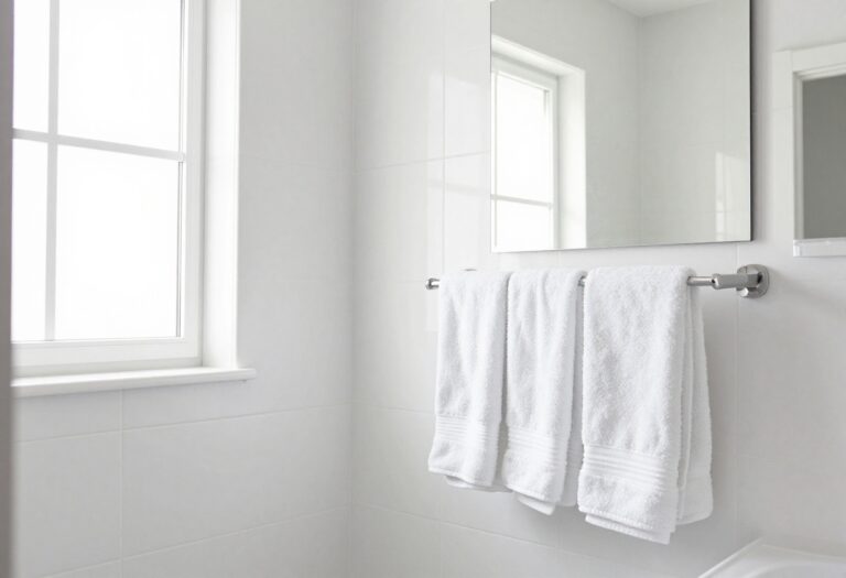 Clean modern bathroom with white tiles and fresh towels