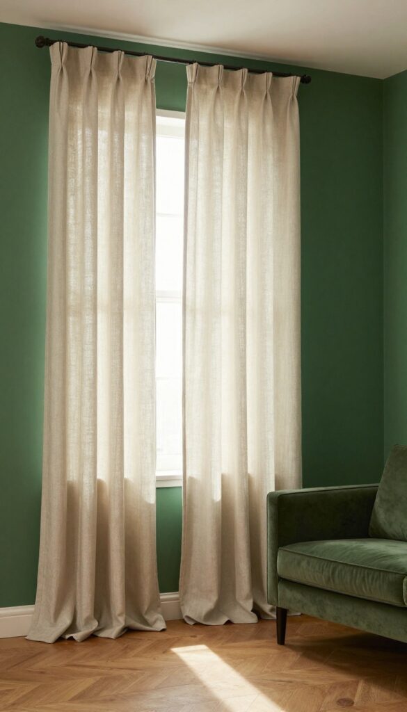 Rectangle living room with wide high curtains in soft oatmeal linen, deep green wall, and cozy velvet sofa.