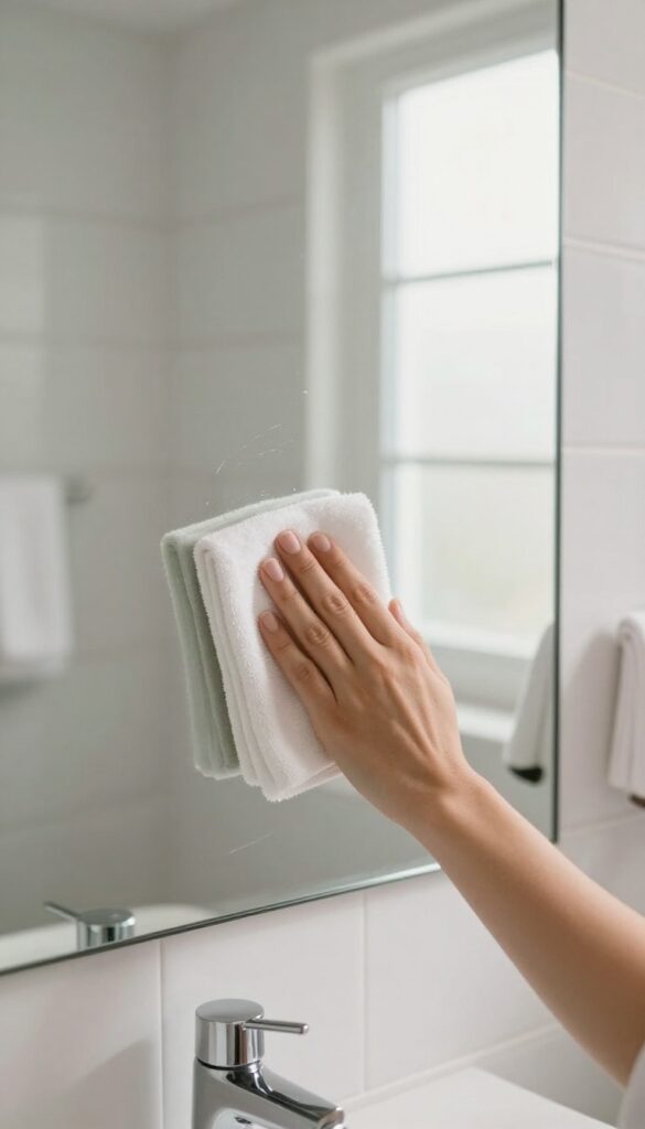 A hand buffing a mirror in a clean, bright bathroom with natural light, reflecting a tidy space.