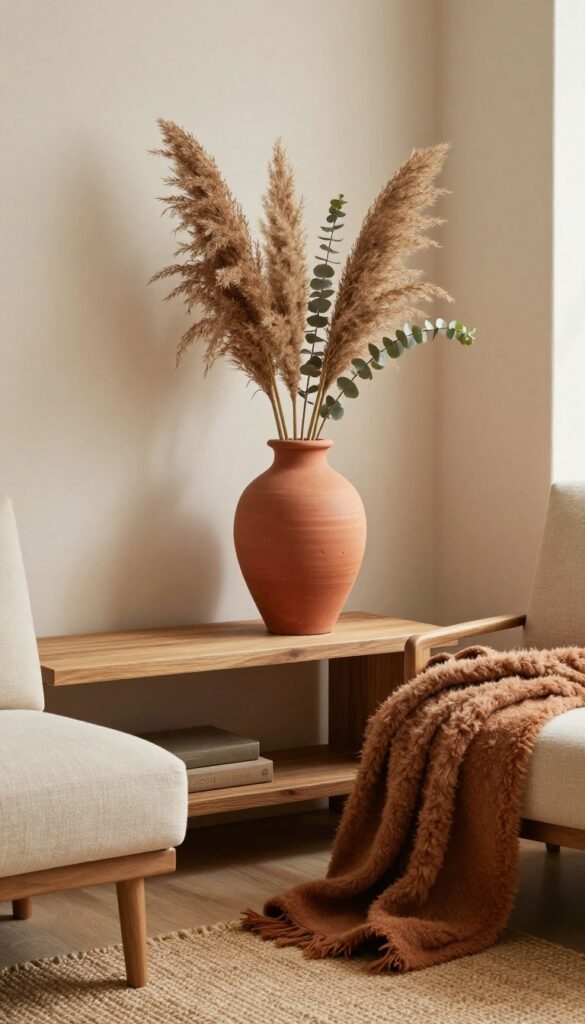 A tall terracotta vase with dried pampas grass and eucalyptus on a wooden console table in a warm boho living room