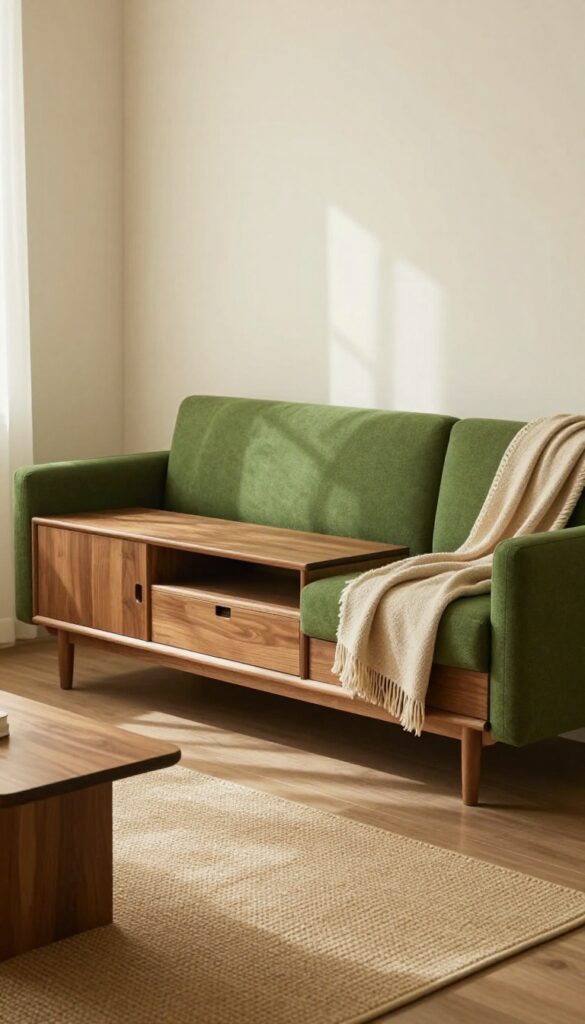 Green sofa with closed storage media console in warm wood