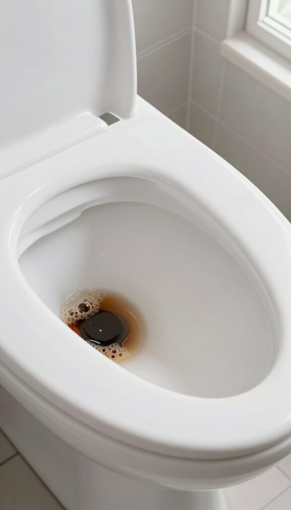 Coca-Cola poured into a toilet bowl to clean stains, bubbles and fizz visible, bright bathroom setting.