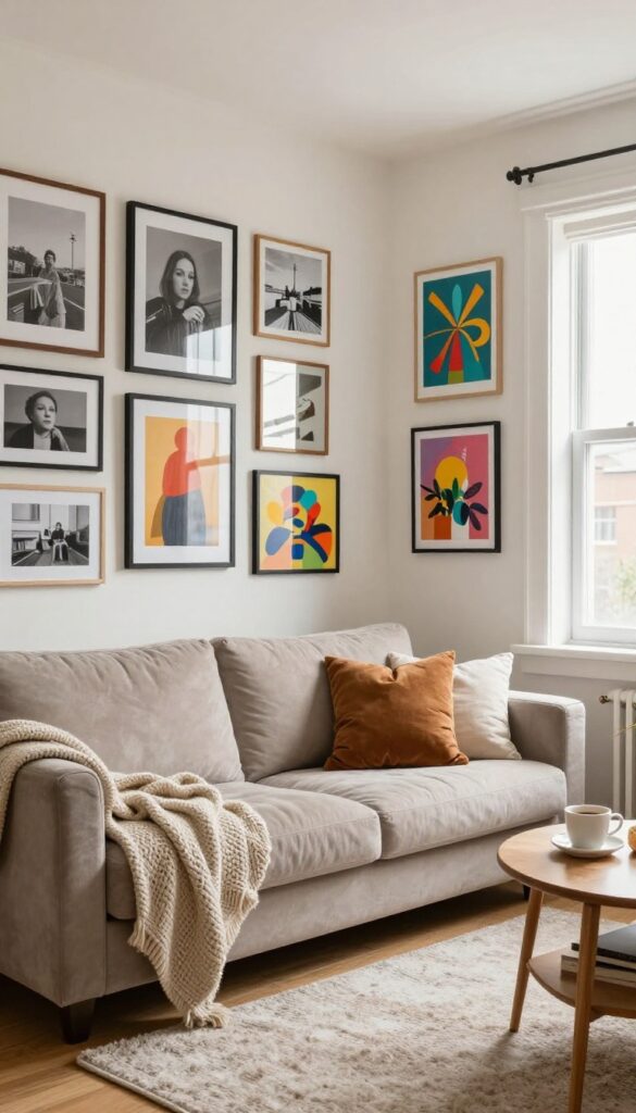 Cozy living room with a gallery wall of art and photos, layered textures, and natural light