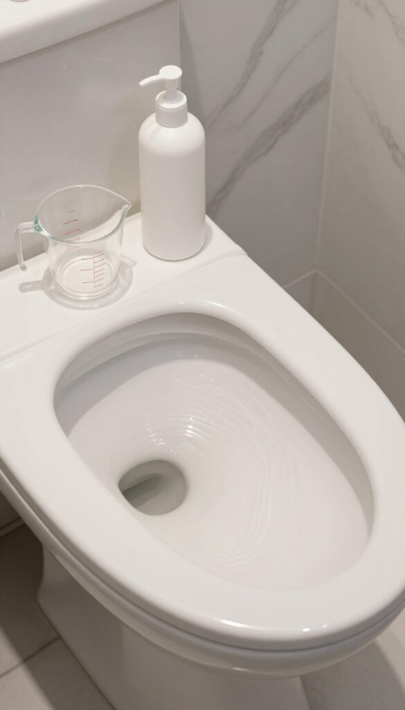 White vinegar and measuring cup next to a clean toilet bowl