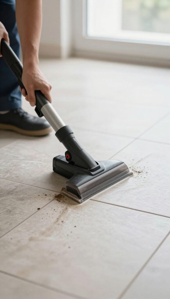 Professional steam cleaning grout on tile floor