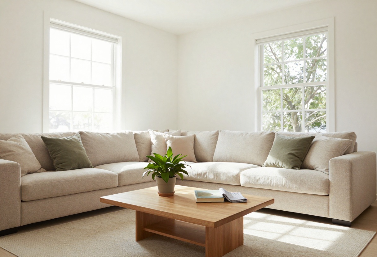 Bright living room with sunlight, clean sofa, and a plant on coffee table
