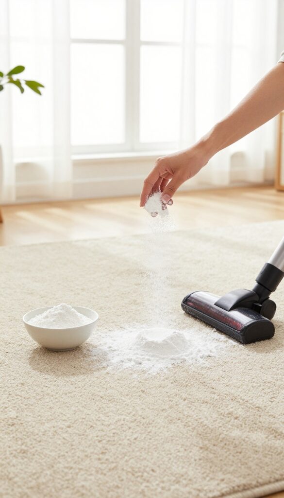 Hand sprinkling baking soda on a carpet for deodorizing