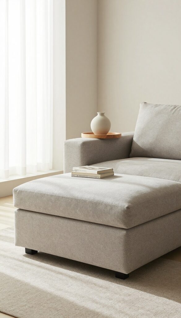 Modern living room with a large upholstered ottoman in warm gray, styled with a tray and decor, soft natural light.
