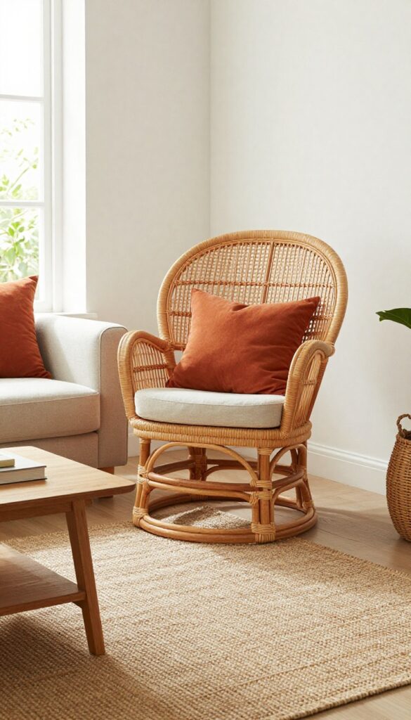 Living room with rattan peacock chair and jute rug, natural textures, warm brown and orange accents