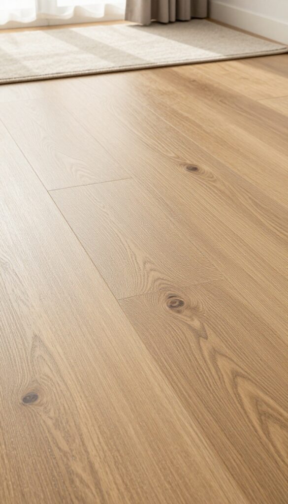 Close-up of realistic textured laminate flooring in warm oak with embossed grain and a neutral rug in a cozy living room corner