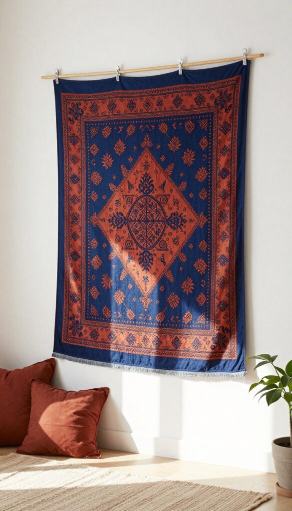Indian living room with a bold textile tapestry hanging on a white wall, adding color and texture