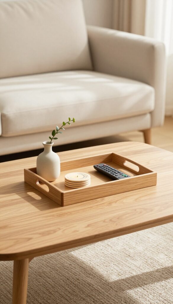 A wooden tray on a coffee table holding a candle, coasters, and a remote, with a small vase, in a bright neutral living room.