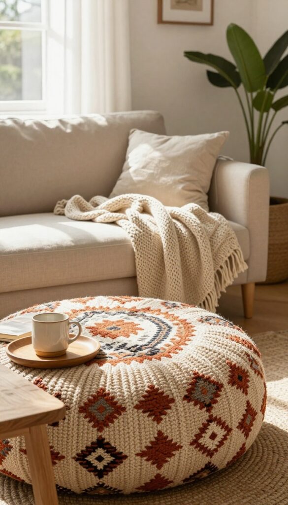 Cozy boho living room with a woven pouf near a coffee table, styled with a tray, book, and throw blanket.