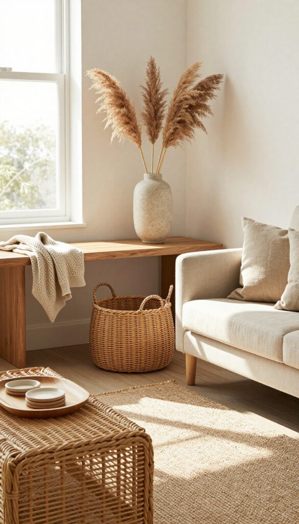 Cozy living room with natural elements like wood, rattan, jute, and stone decor