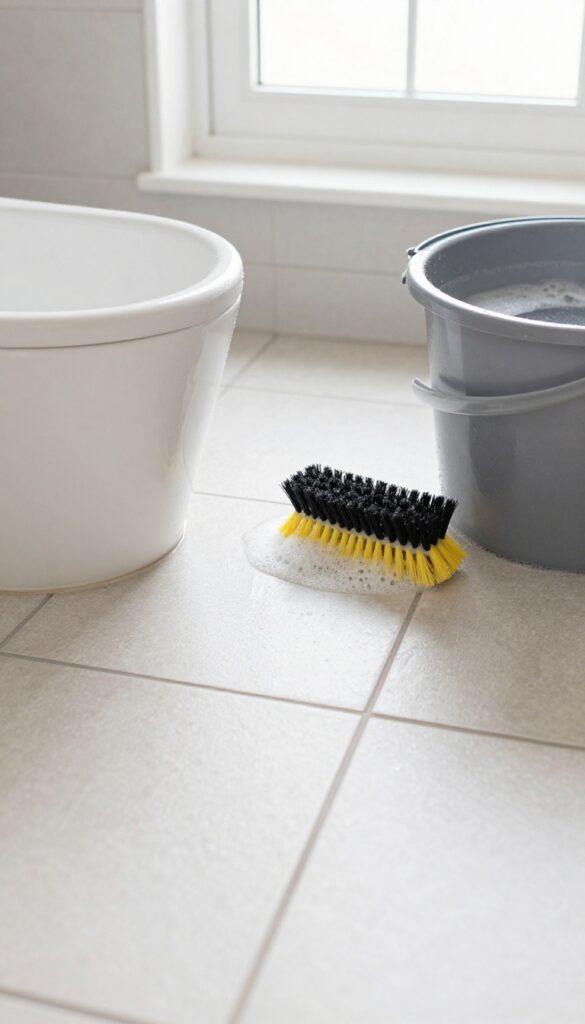 Deep scrubbing a bathroom tile floor with a brush and bucket of soapy water