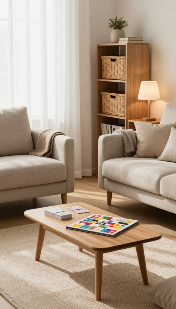 A tech-free zone in a family living room with armchairs, board games, and warm lighting.