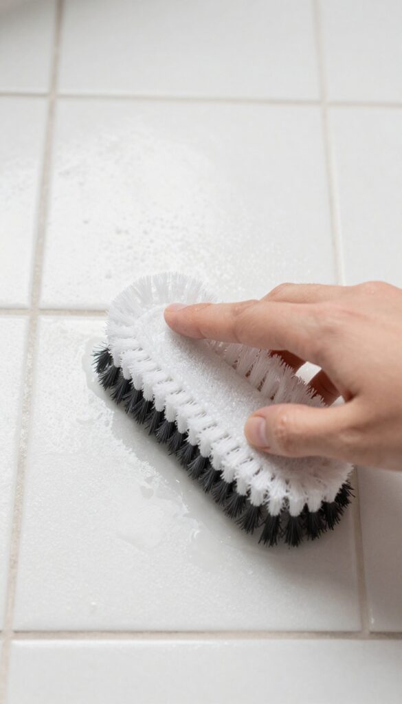 Hand scrubbing textured bathroom tiles with a soft-bristle brush in bright natural light