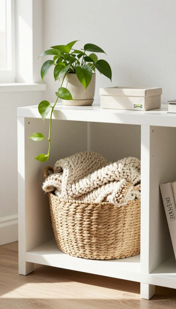Open IKEA Besta cube with woven seagrass basket and linen box, natural light, cozy living room decor