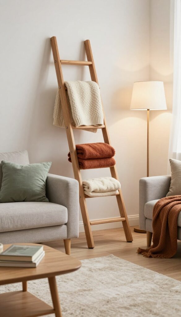 Cozy basement living room with a throw blanket ladder holding three textured blankets in cream, rust, and sage green, next to a plush sofa.