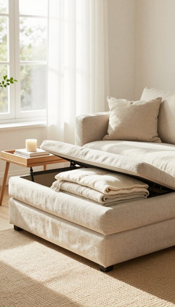 A cozy living room with a lift-top ottoman serving as a coffee table and hidden storage, showcasing a clean and organized space.