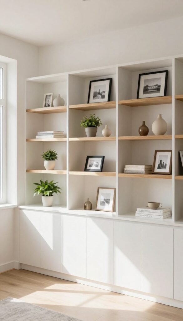 Modular shelving units styled as custom built-ins in a bright living room, mixing closed cabinets and open shelves with neutral decor.