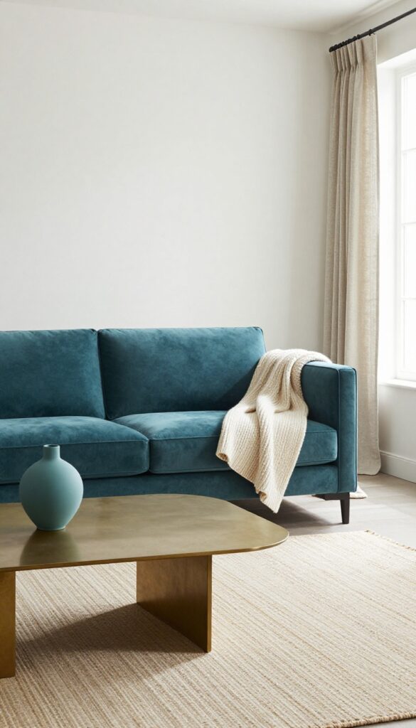 A teal velvet sofa in a bright, modern living room with neutral decor and natural light.