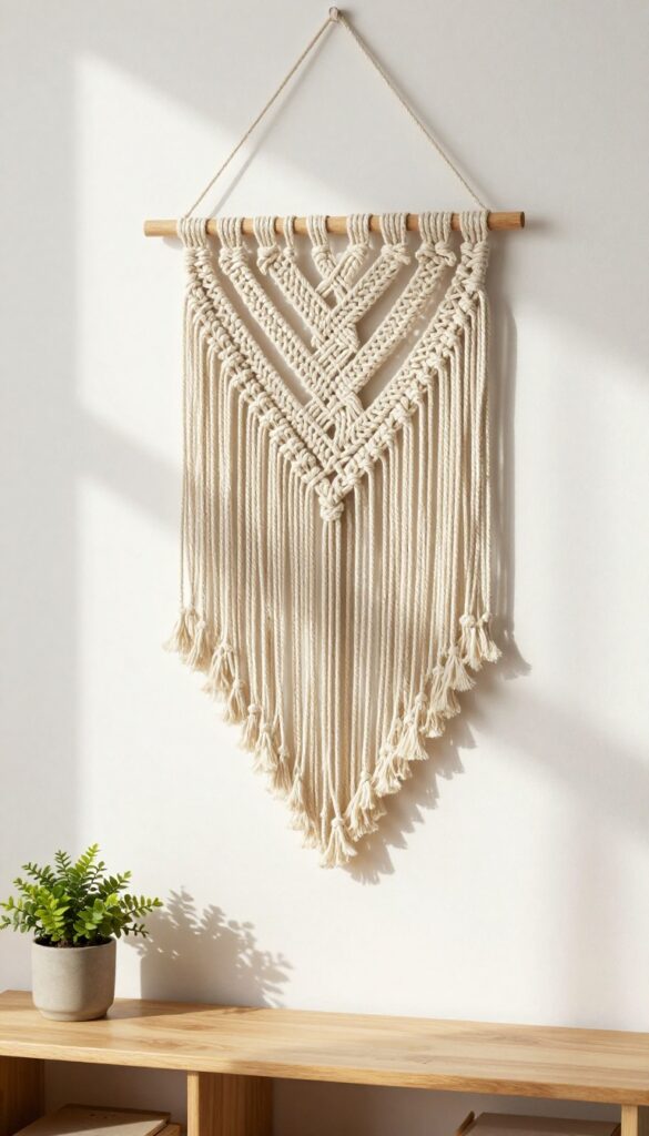 Macrame wall hanging in a bright living room with natural light and a trailing plant on a console table.