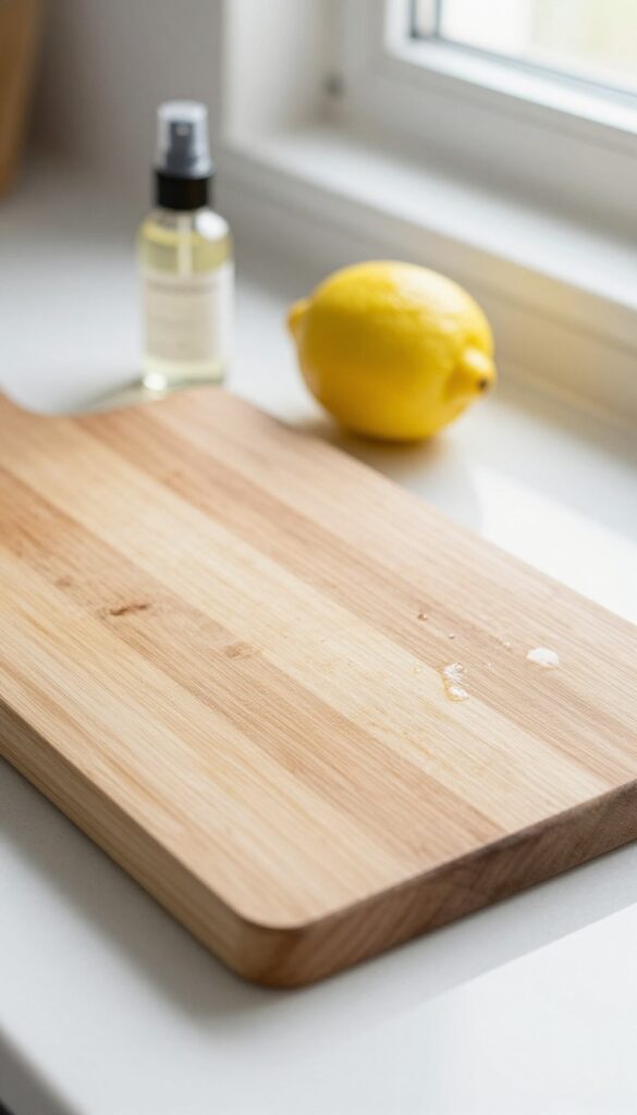 Clean wooden cutting board with lemon and vinegar spray bottle on kitchen counter