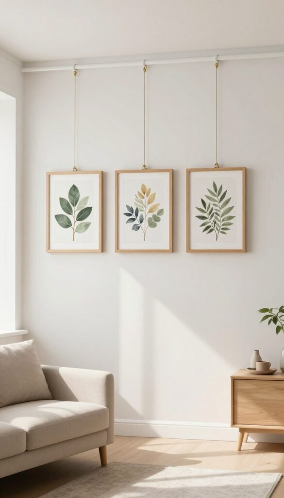 Living room with picture rail hanging frames without nails, small-space friendly decor