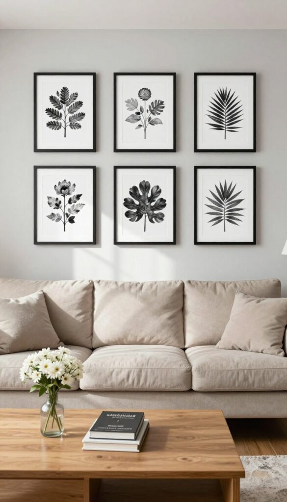 A row of matching black frames with botanical prints above a beige sofa in a bright living room.