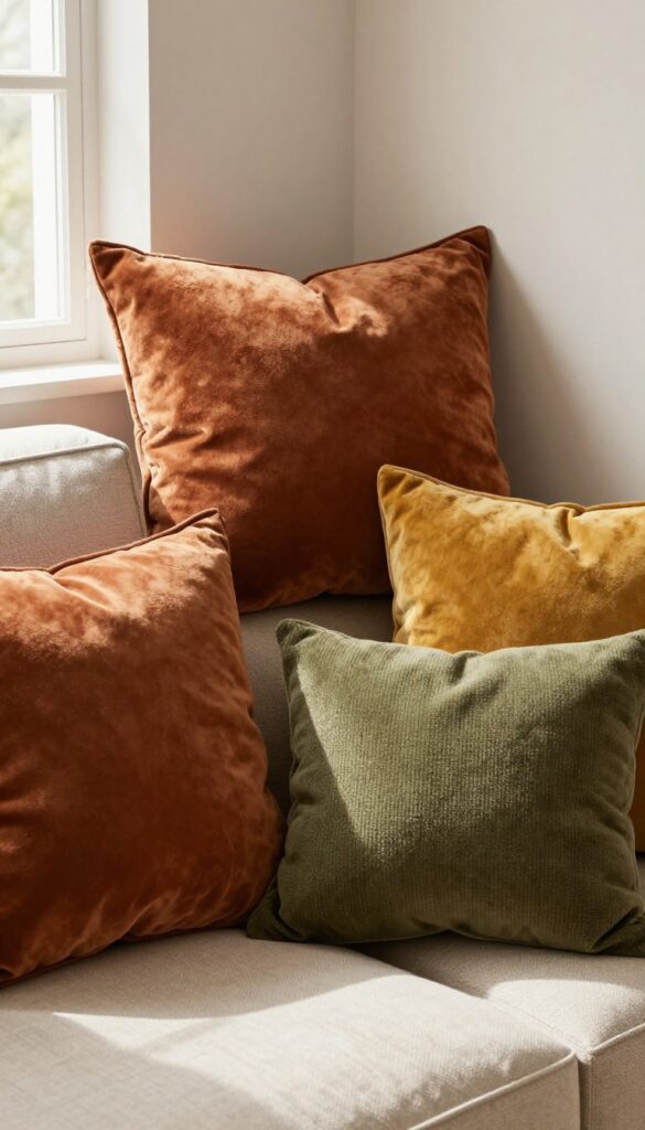 Cozy living room sofa with rust, mustard, and olive throw pillows in velvet, linen, and knit textures, bathed in natural light.