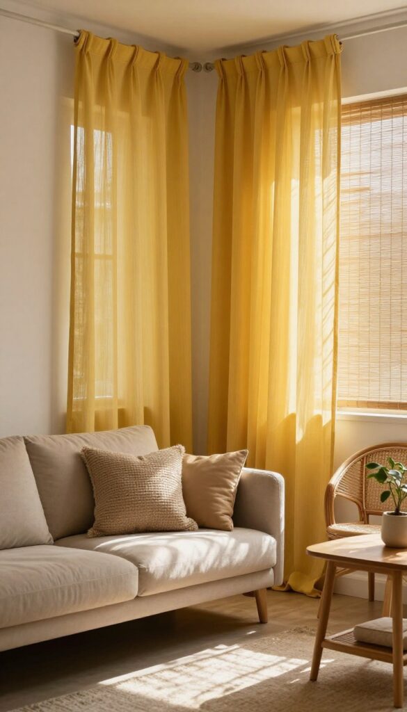 Bohemian living room with mustard yellow sheer curtains filtering warm sunlight, rattan chair, and cozy decor