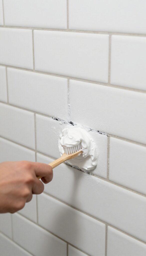Applying baking soda paste to shower grout lines with a toothbrush